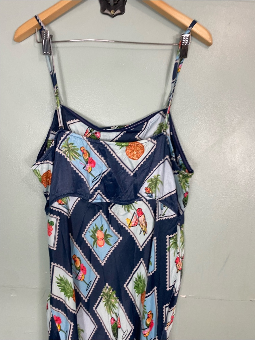 Anthropologie Conditions Apply Chloe Maxi Slip Dress Blue Stamp Bird 2X Tropical - Picture 8 of 9